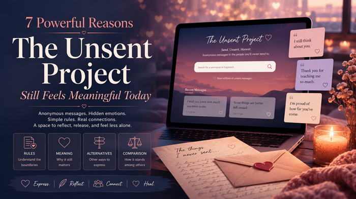 The Unsent Project featured image showing anonymous messages, emotional letters, hidden feelings, and a laptop-based message archive