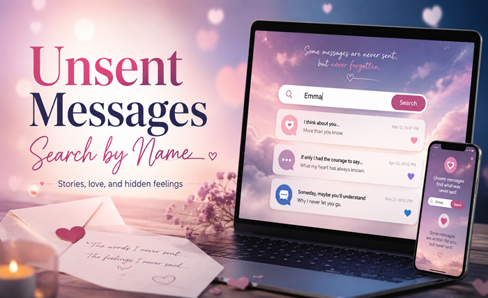 Unsent Messages Search by Name featured image showing a laptop, phone, search bar, romantic messages, and love letters