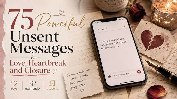 75 powerful unsent messages for love, heartbreak and closure with emotional letters, a phone message, and broken-heart imagery