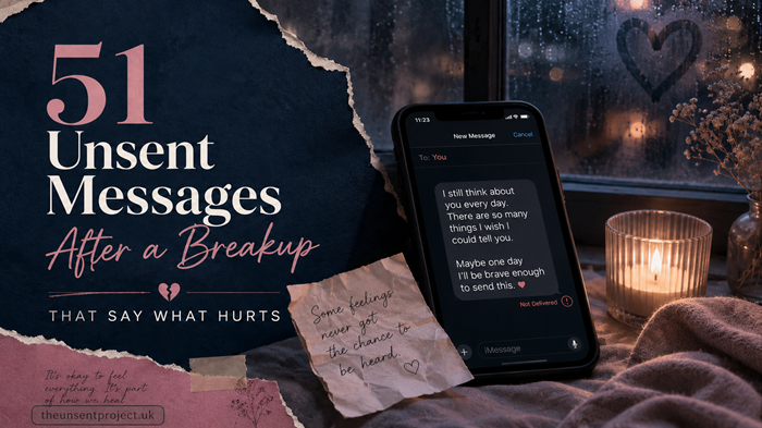 51 unsent messages after a breakup with heartbreak notes, an unsent phone message, and theunsentproject.uk branding